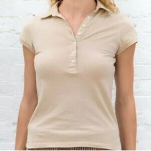 -🌊Brandy Melville- John Galt beige collared S/S Shirt #MH462- One Size As Is